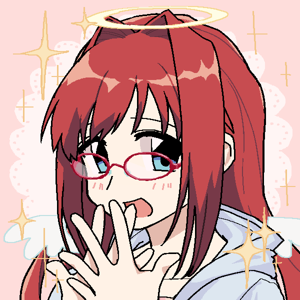 an anime style image of an angel with red hair and glasses